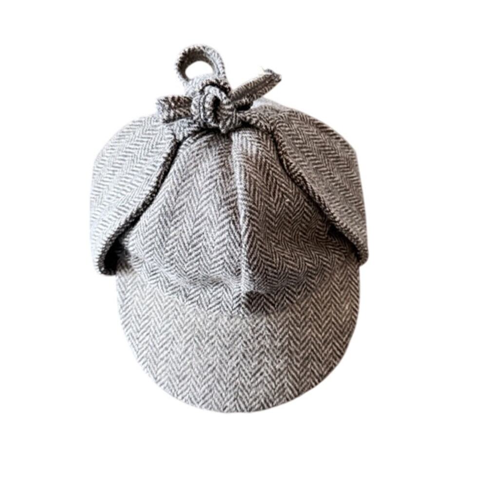 Herringbone Tweed Bonnet Hat Gray Lined Tie Closure Size M